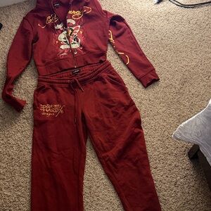 Ed Hardy Burgundy Tracksuit with Graphic Motif